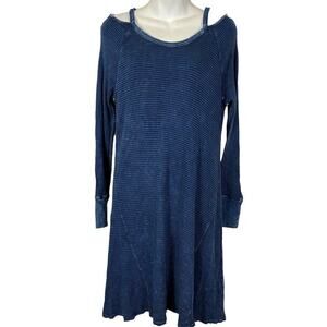 Able Womens Ribbed Blue Long Sleeve Cold Shoulder USA Made Knit Dress sz Large